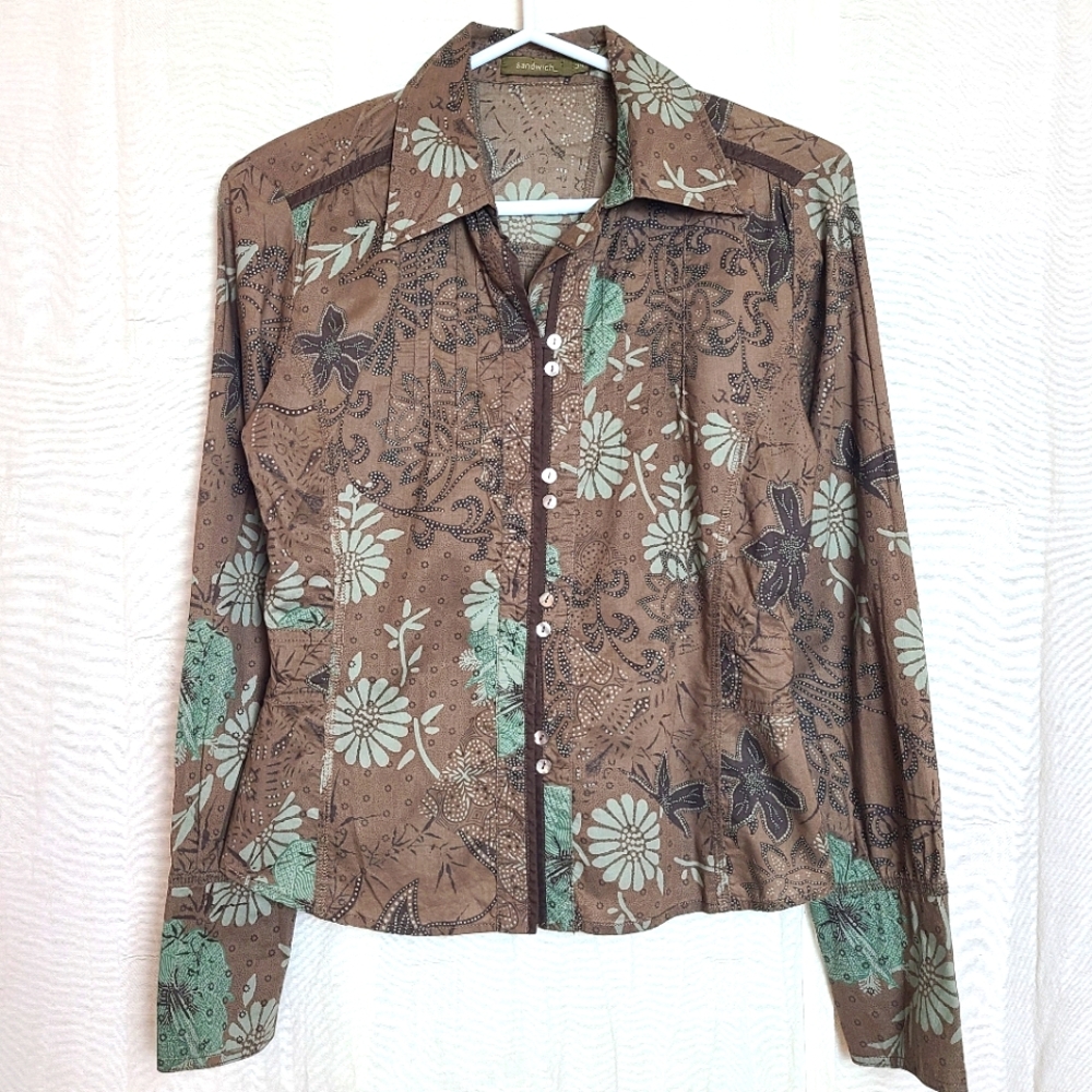 Sandwich Women's Brown Turquoise Boho Prairie Floral Retro 00s Button-Down Shirt